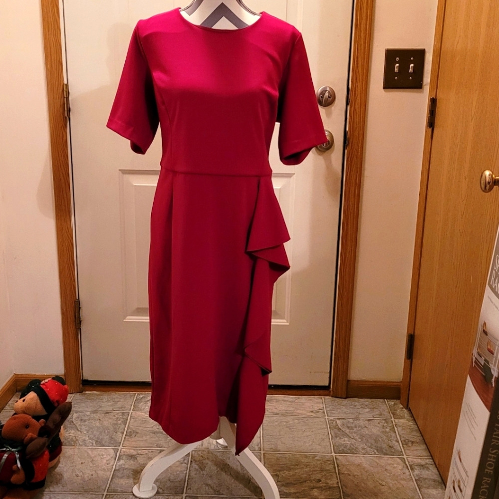 Elegant Fuchsia Midi Dress with Draped Ruffle